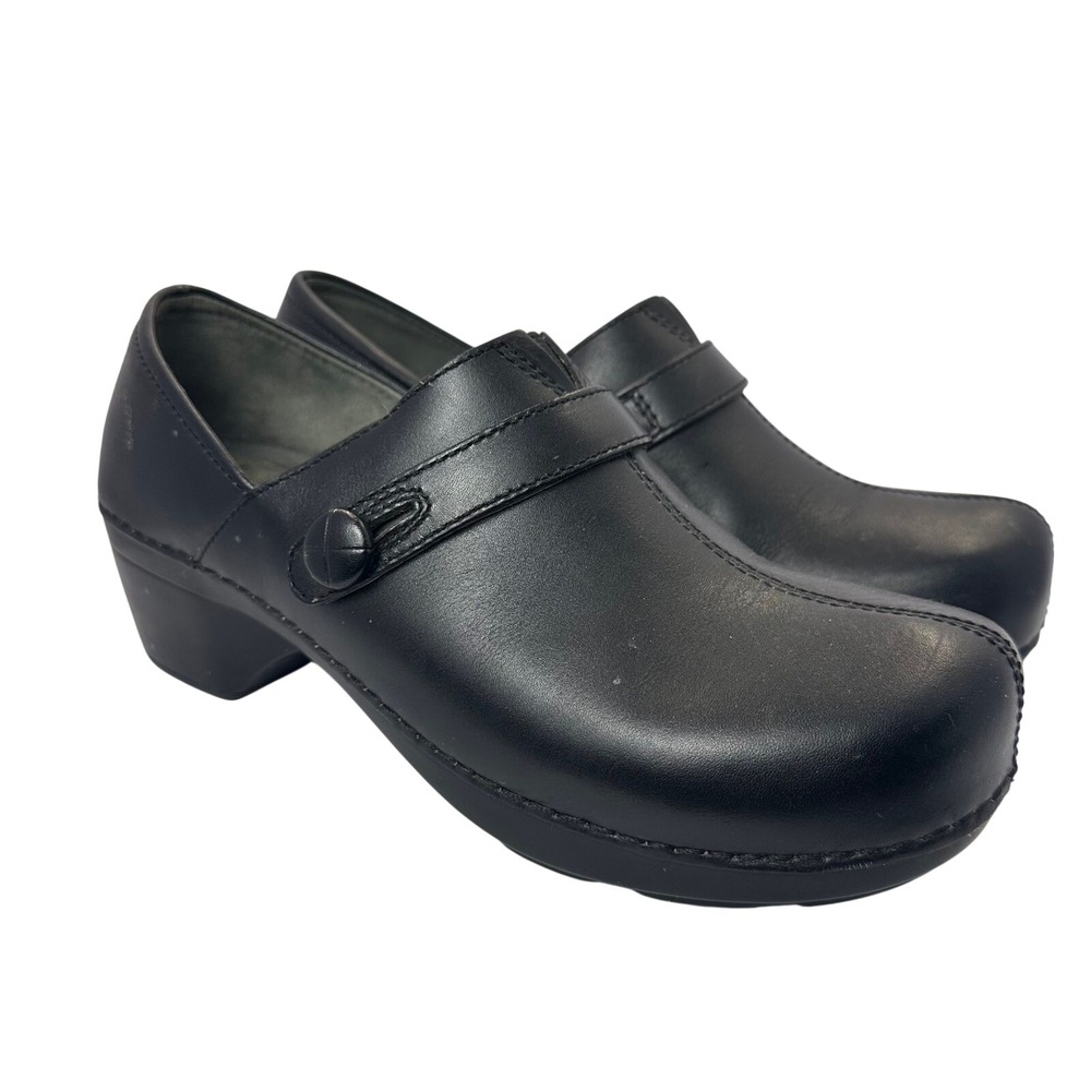 Dansko Black Leather Clogs Button Strap Block Heel Professional Shoes Size 40